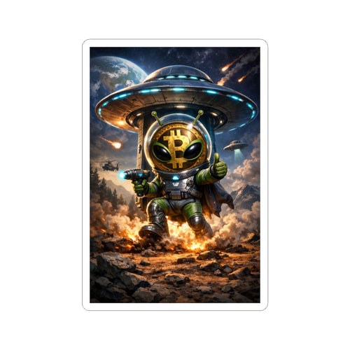 Alien Bitcoin Sticker — Crypto Space Vinyl Kiss-Cut Decal